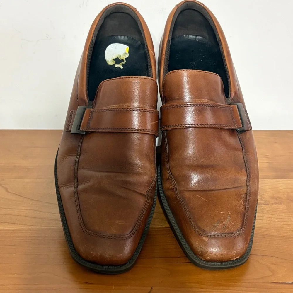ECCO Mens Cognac Brown Leather Loafers Square Toe Monk Strap Shoes 43 404888
